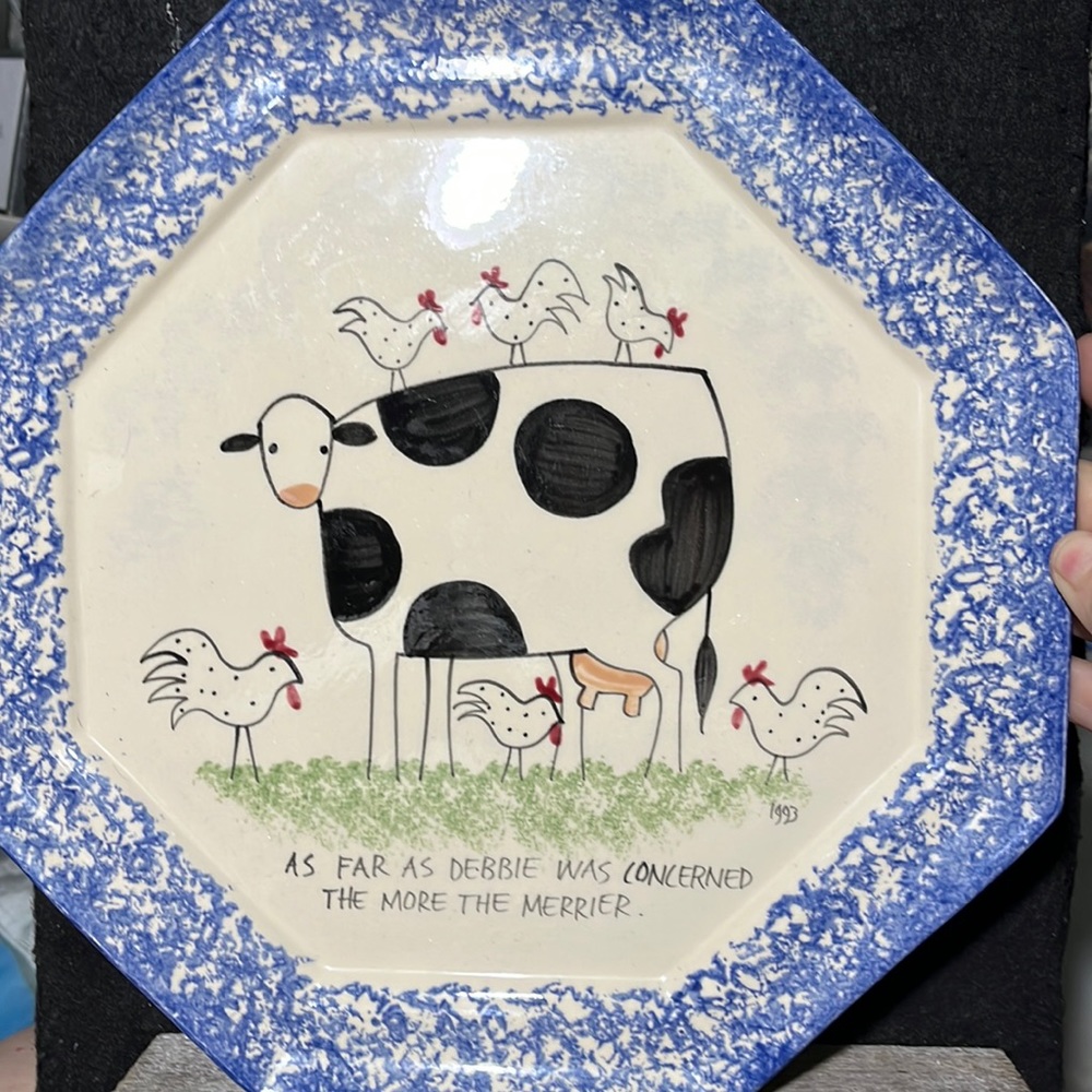 Molly Dallas Spatterware Ceramic plate “The more the merrier” Cow and chickens
